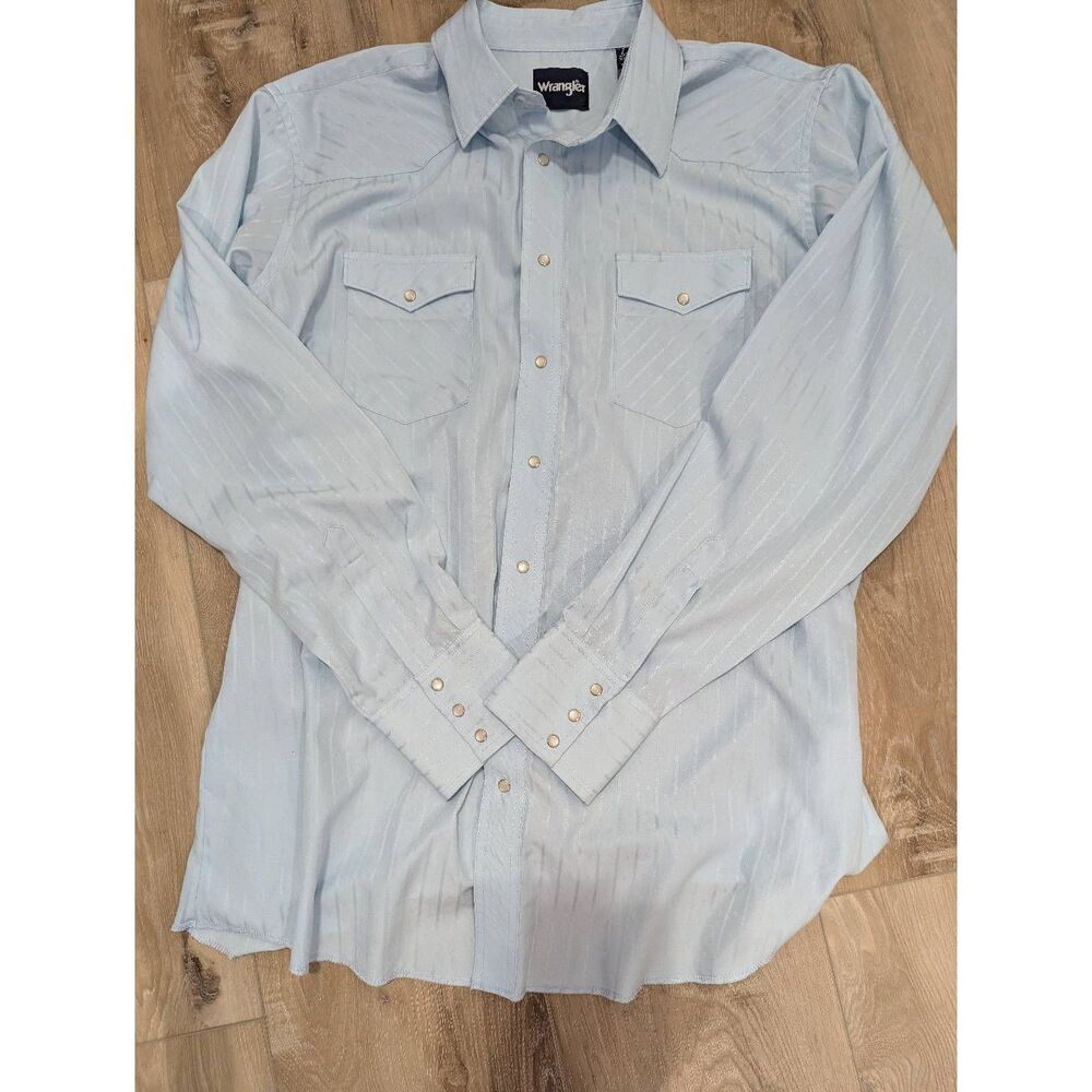Vintage Wrangler Western Shirt XLT XL Tall Blue Pinstripe Pearl Snap Cowboy